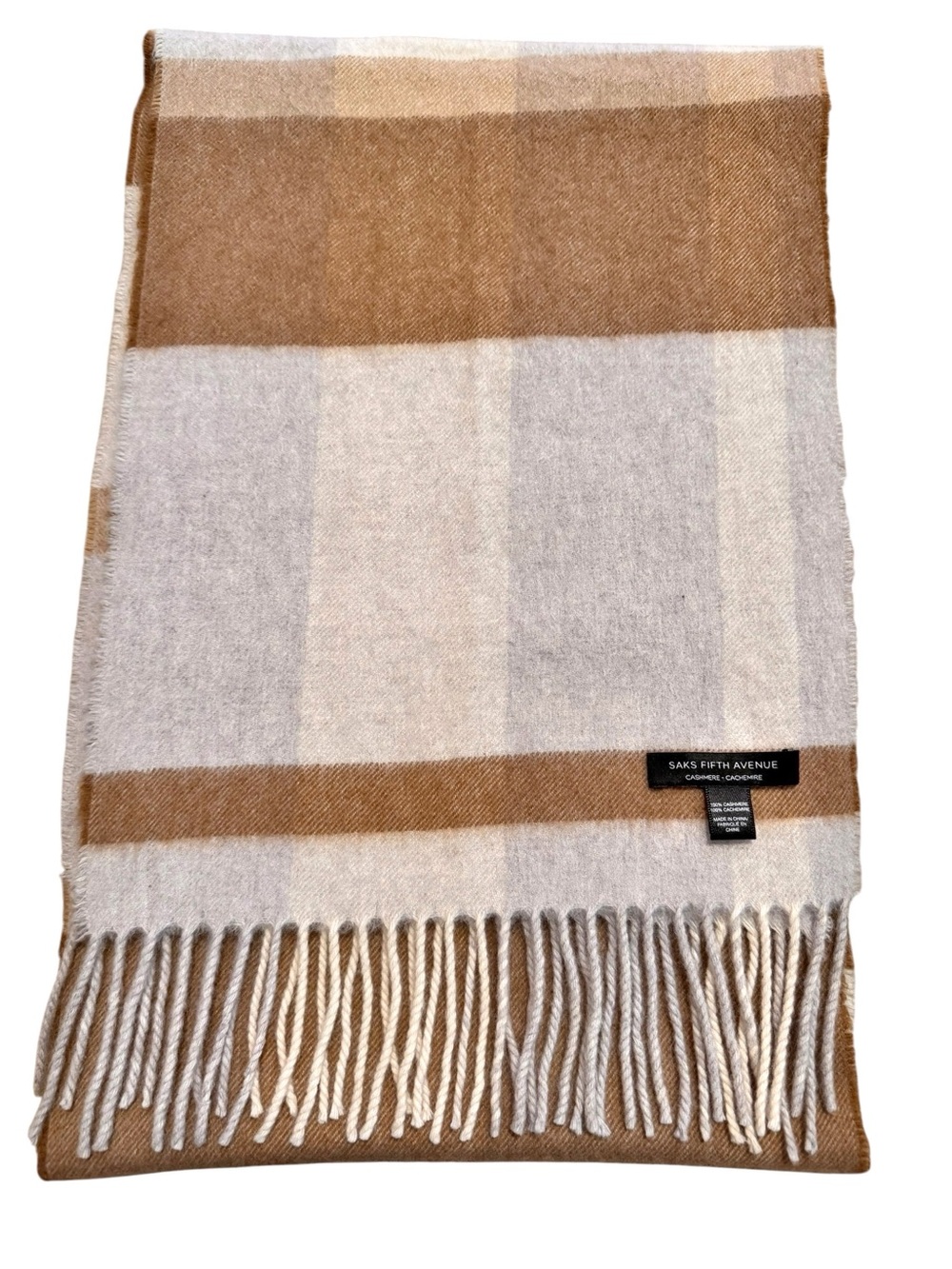 Saks Fifth Avenue 100% Cashmere Scarf Ivory Brown Gray Plaid Unisex 11”x71”